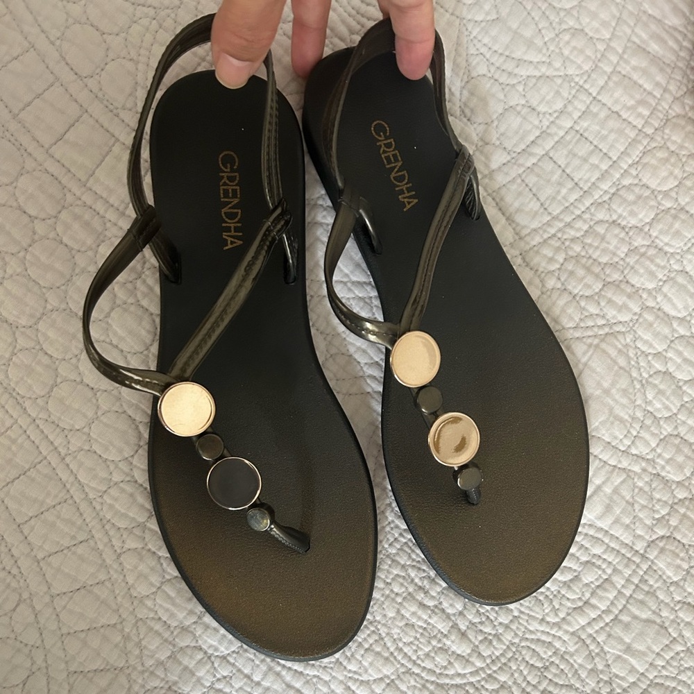 Grendha Black Sandals with Gold Accents